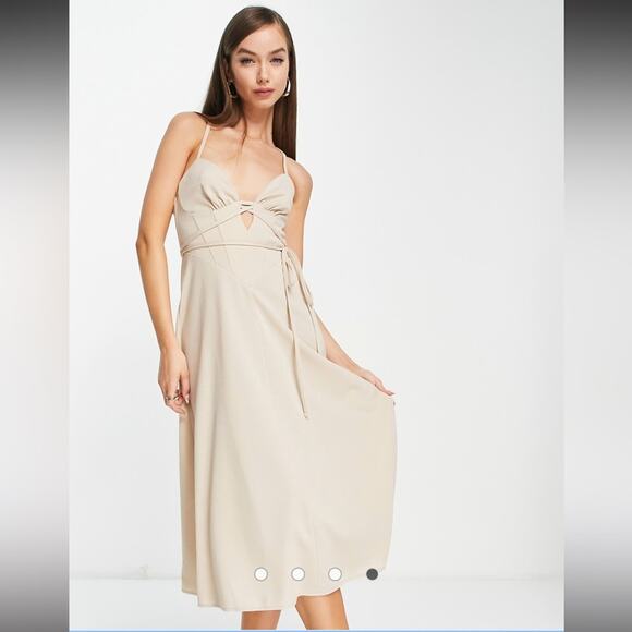 ASOS DESIGN Strappy Cupped Skater Midi Dress Natural Stone Size 10 Open Back - Picture 2 of 12
